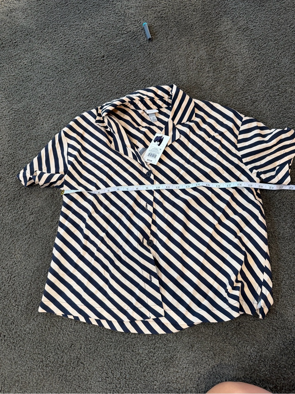 a new day Navy and Cream Striped Button-Down Shirt Sz xs - great paired with blk